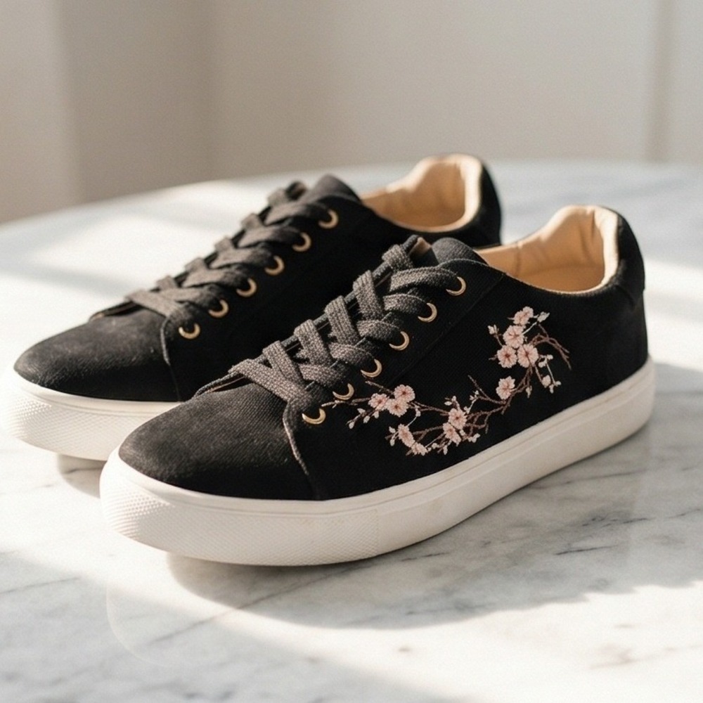 Nanette Lepore 7.5‎ Winona Floral Embroidered Black Sneakers
